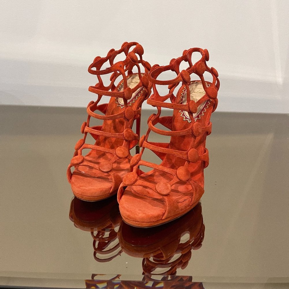 Christian Louboutin Neuron Sandal Heel Orange Suede Leather Size 37.5/7
